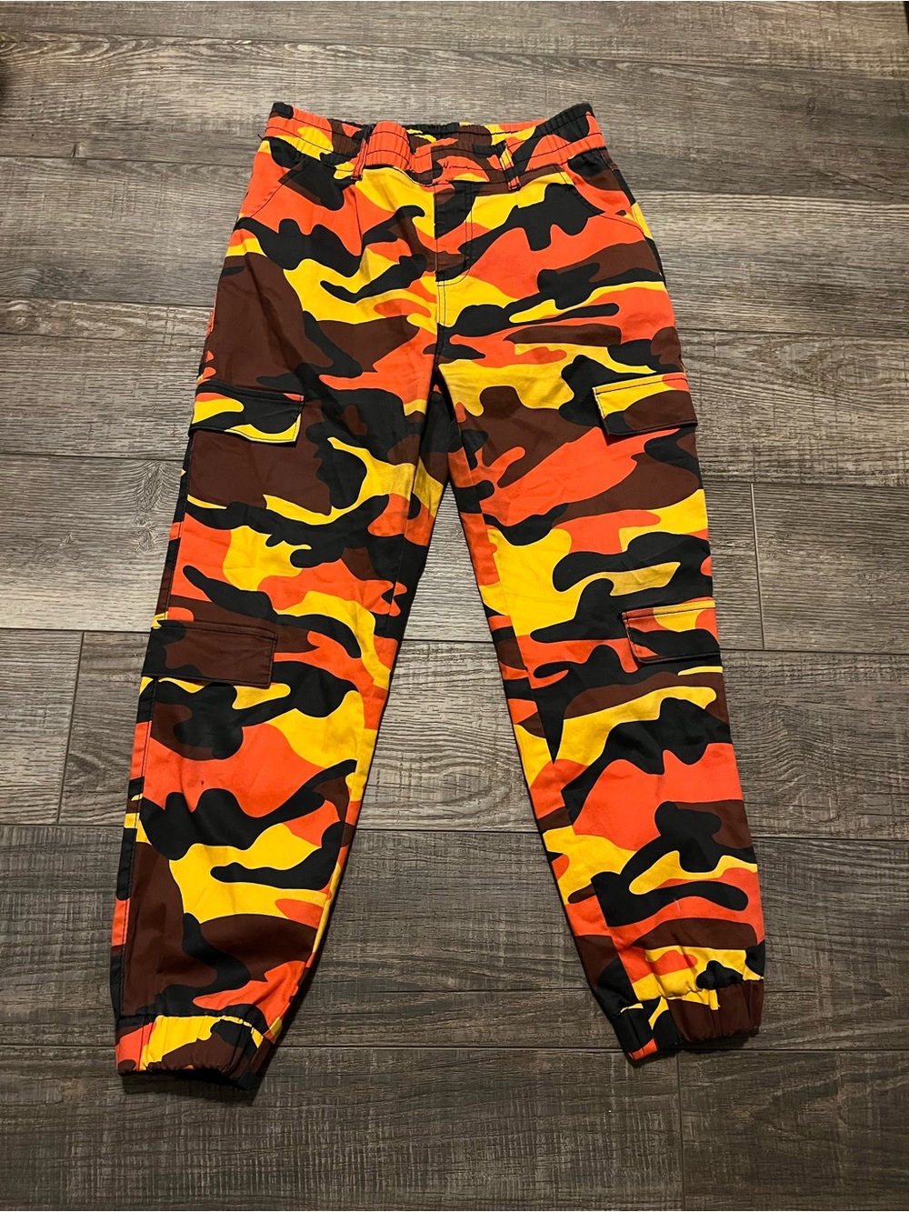 VIP Women’s Orange Yellow & Black Y2K Streetwear Camo Jogger Pants Cargo Pockets